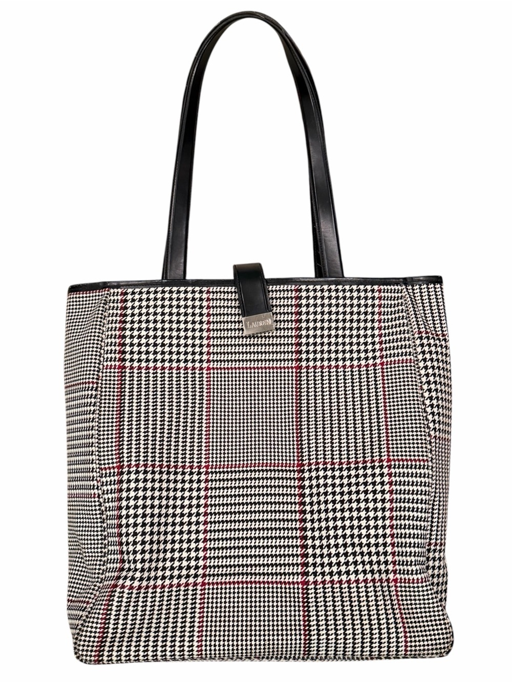Lauren Ralph Lauren Houndstooth Tote Black White Red Snap, Lined Pockets